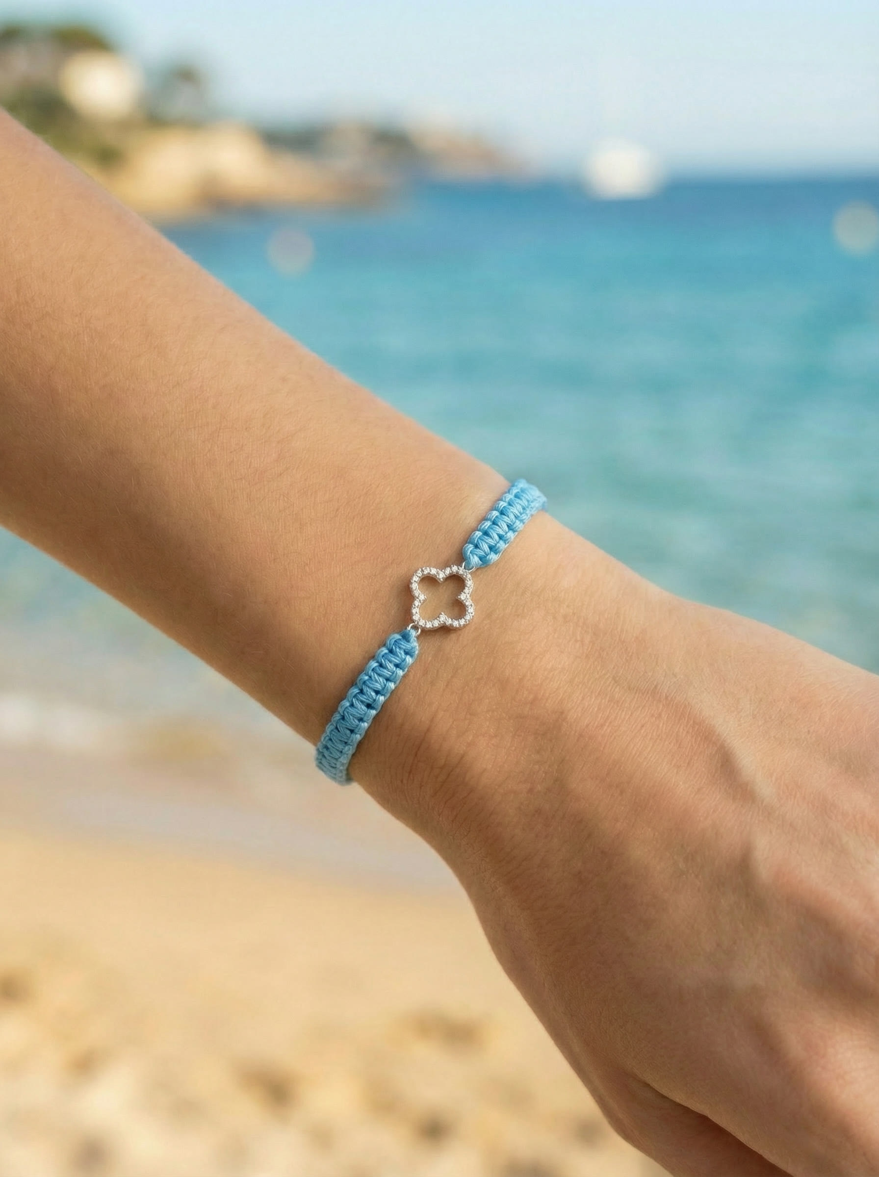 Bracelet Macramé Trèfle — Argent et Diamants