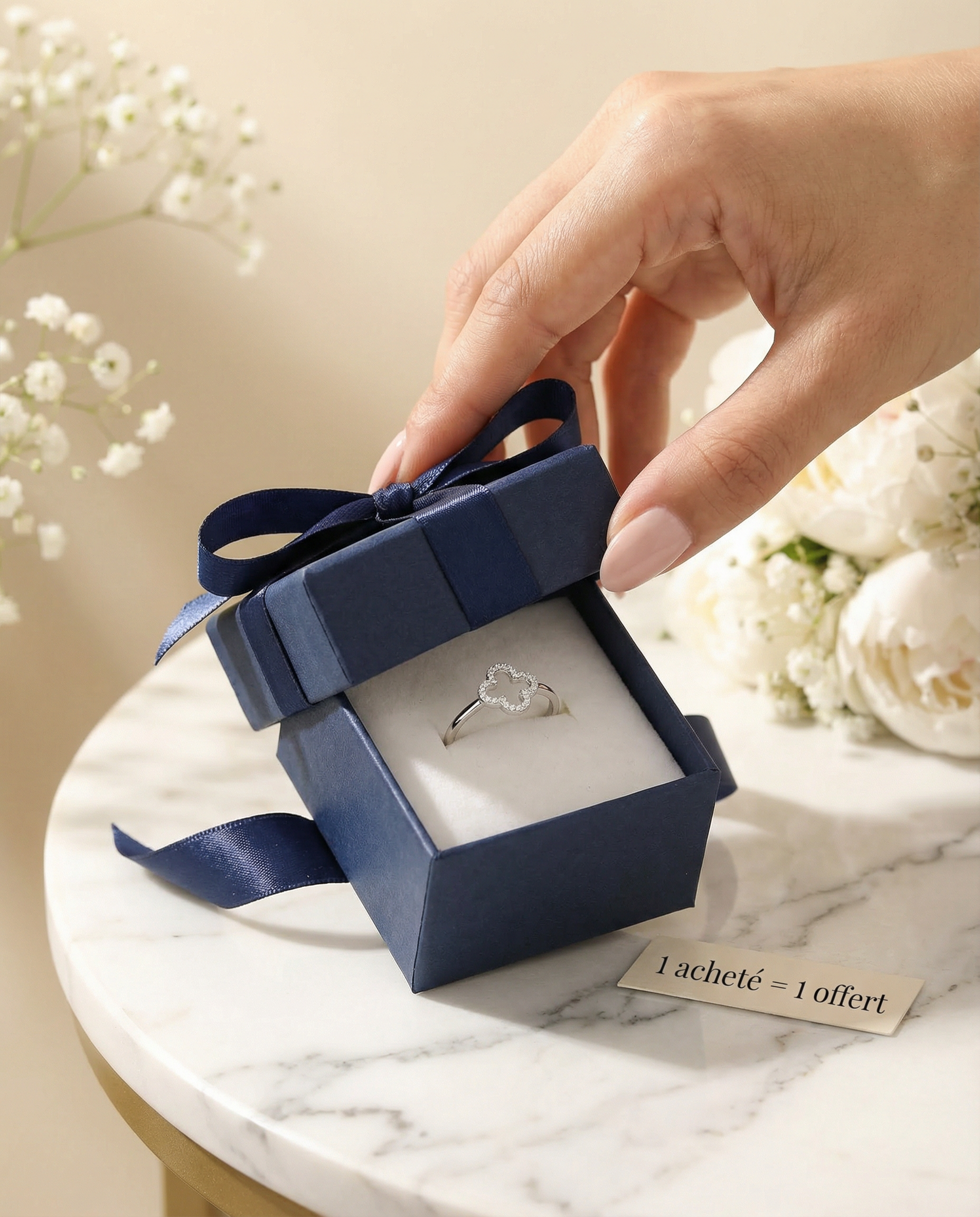 Bague Trèfle — Unboxing boîte navy, bague sur coussin velours, 1 acheté = 1 offert
