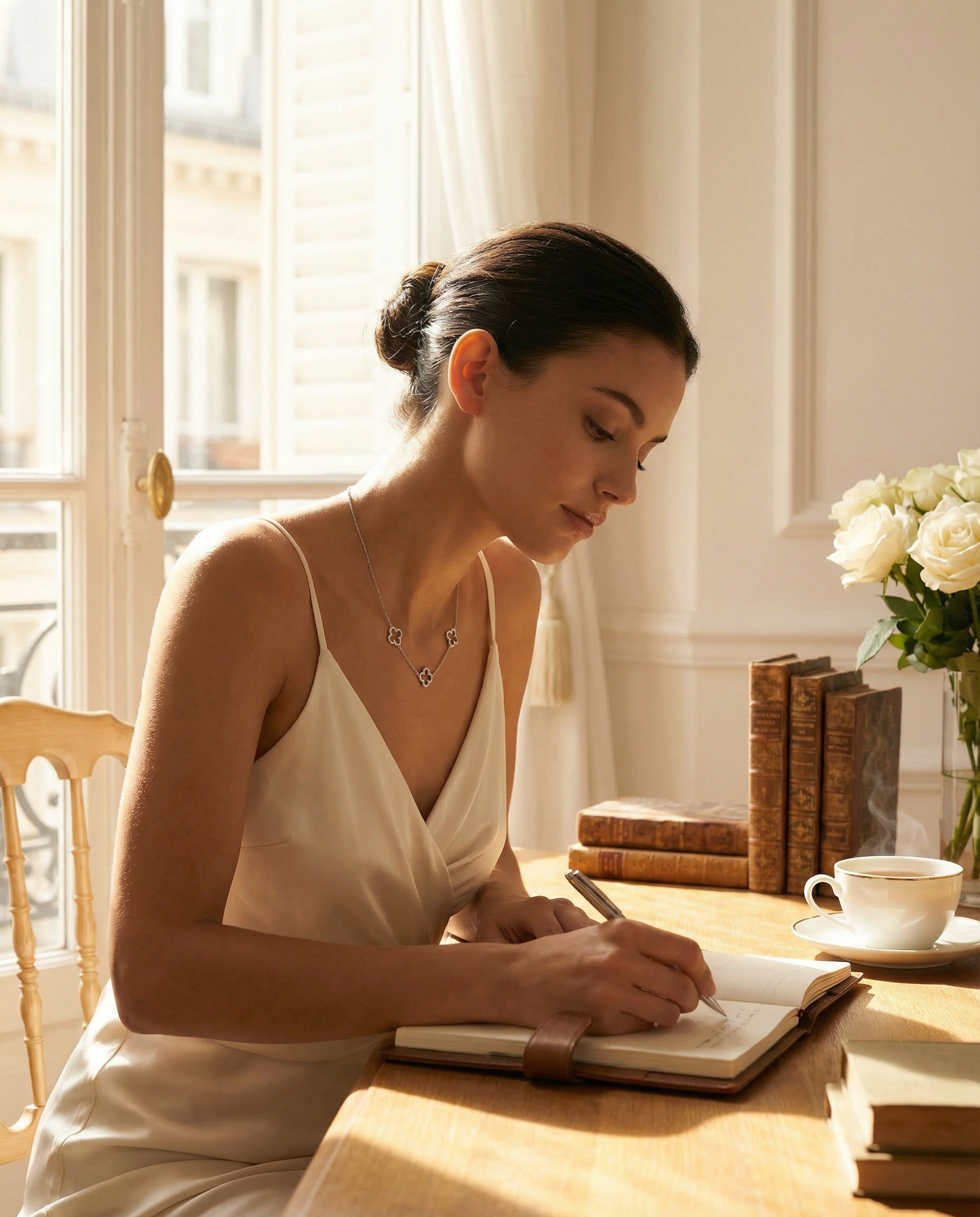 Collier Trèfle — Femme écrivant dans un journal, appartement parisien ensoleillé