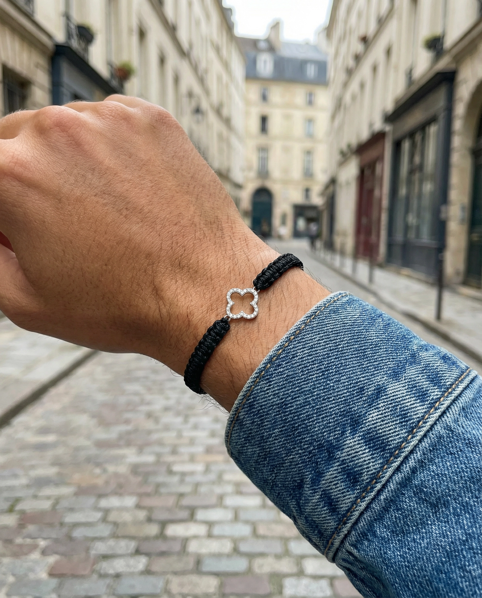 Bracelet Macramé Trèfle — Argent et Diamants